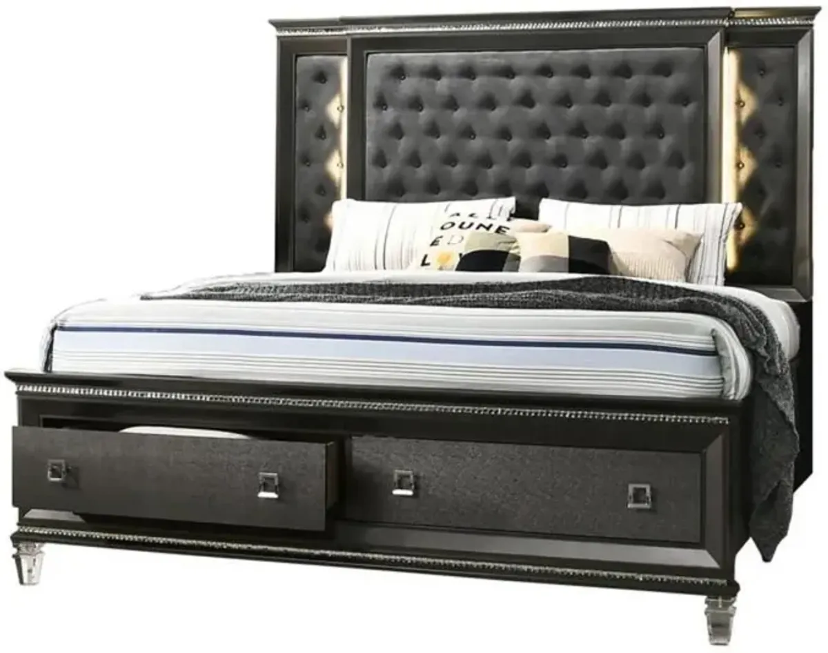 Best Quality Furniture Panel Bed with Tufted Buttons and  Backlit Backboard with 2 Footboard Drawers and Jewel Strip on Footboard and Headboard