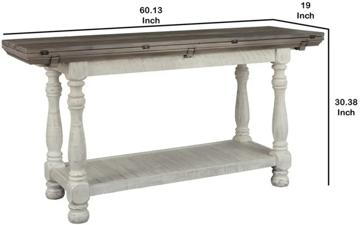 Flip Top Wooden Sofa Table with Open Bottom Shelf, Brown and Antique White-Benzara