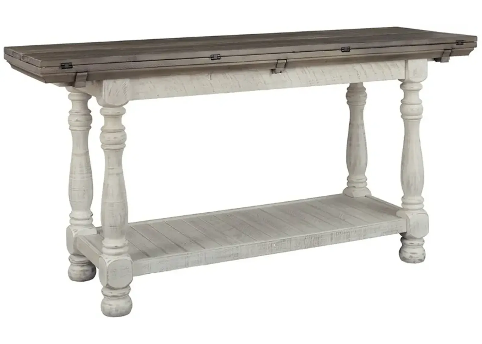 Flip Top Wooden Sofa Table with Open Bottom Shelf, Brown and Antique White-Benzara