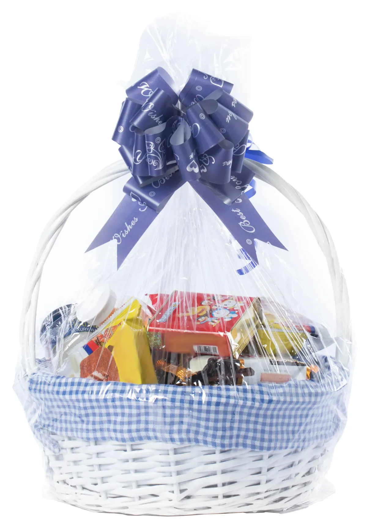 White Round Willow Gift Basket, with Pink Gingham Liner and Handle- Small