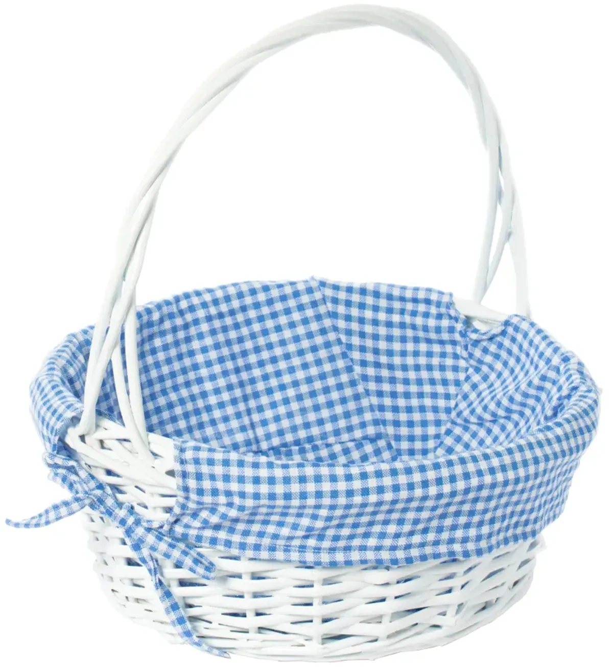 White Round Willow Gift Basket, with Pink Gingham Liner and Handle- Small