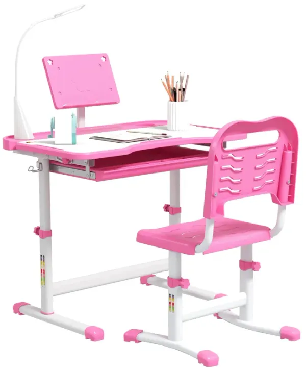 Qaba Kids Desk and Chair Set with Tilt Desktop, Storage Drawer, Pink