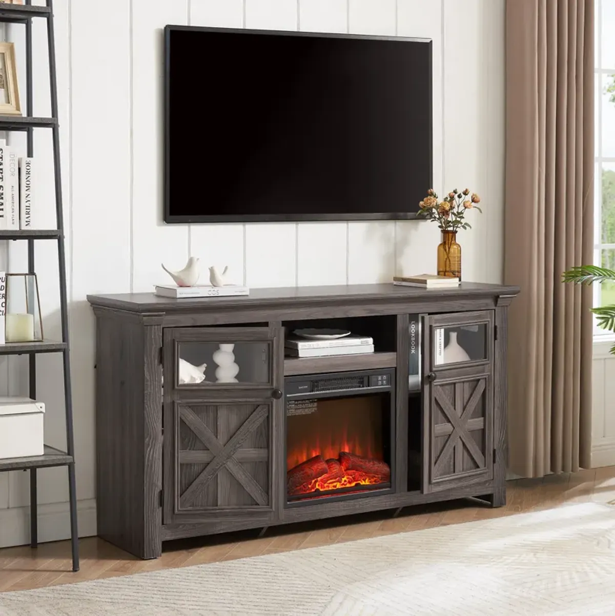 Mondawe Modern Farmhouse TV Media Stand With 18 Inch Fireplace, Two Door Cabinet Farmhouse TV Stand