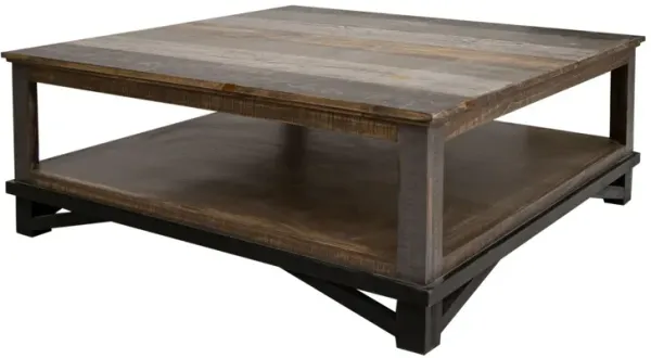 Benjara Pola 45 Inch Coffee Table, Square Lower Shelf, Transitional Gray Brown Wood