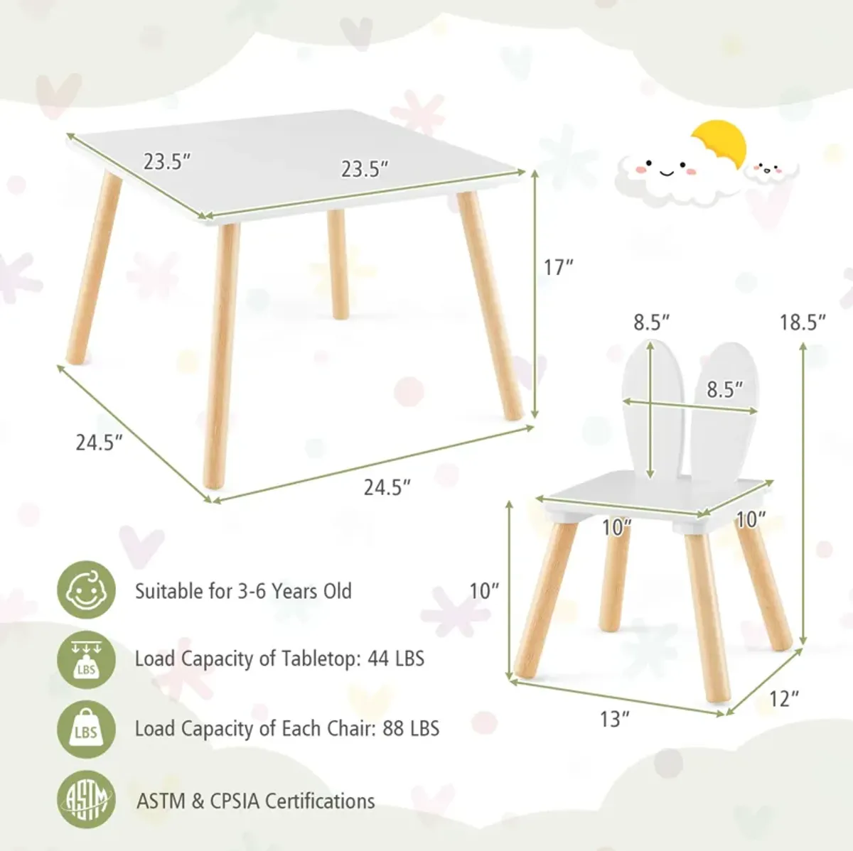 3 Pieces Kids Table and Chairs Set for Arts Crafts Snack Time