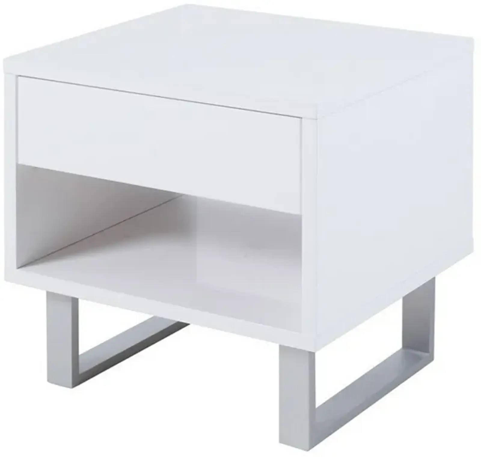 Contemporary Storage End Table With Metallic Base, Glossy White-Benzara