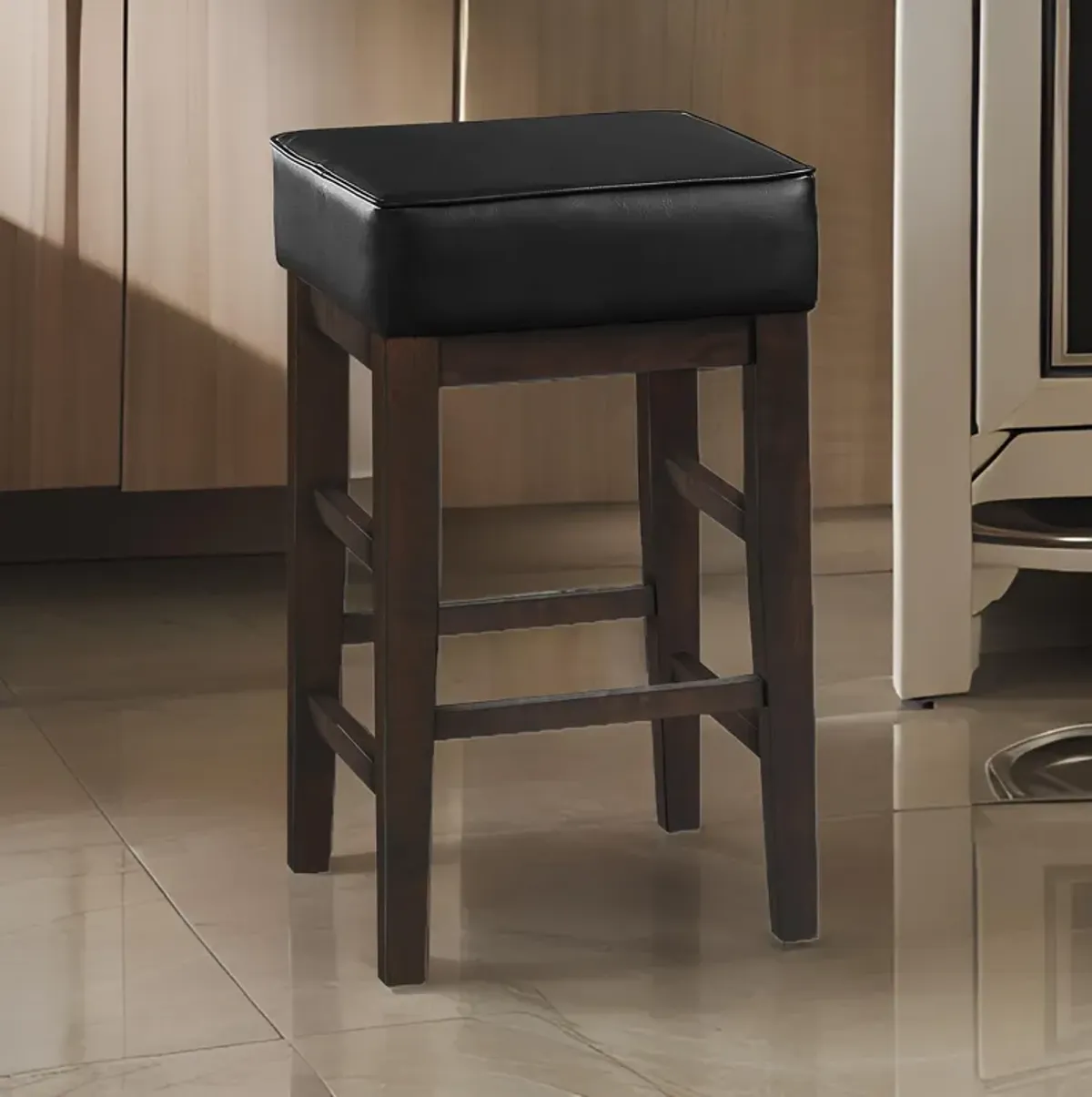 Vin 26 Inch Counter Height Stool, Black Faux Leather Seat, Dark Brown, Set of 2 - Benzara