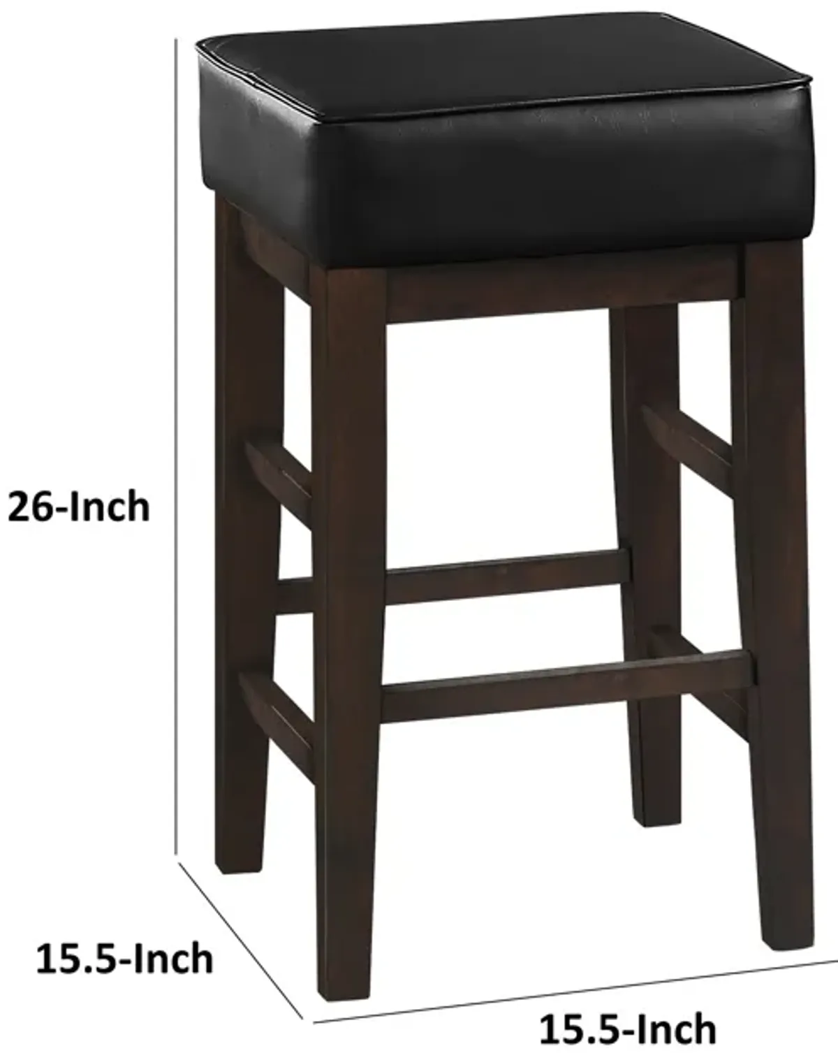 Vin 26 Inch Counter Height Stool, Black Faux Leather Seat, Dark Brown, Set of 2 - Benzara