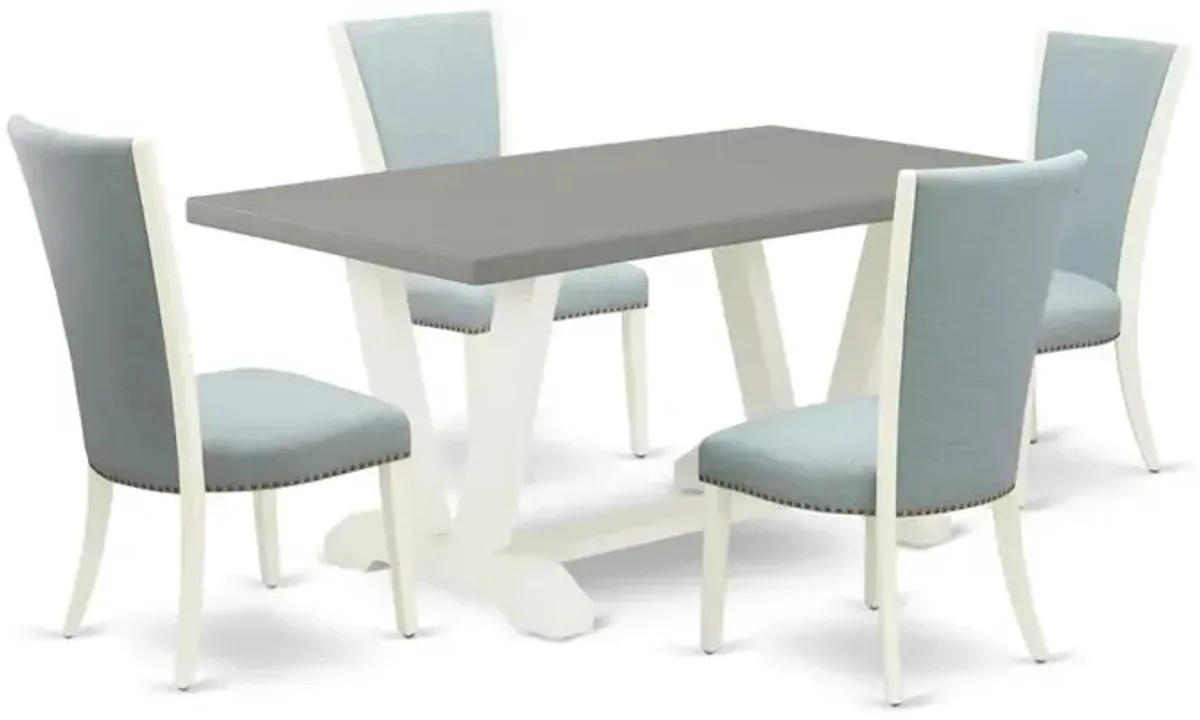East West Furniture V096VE215-5 5 Piece Dining Room Table Set - 4 Baby Blue Linen Fabric Dining Room Chair with Nail heads and Cement Dining Room Table - Linen White Finish
