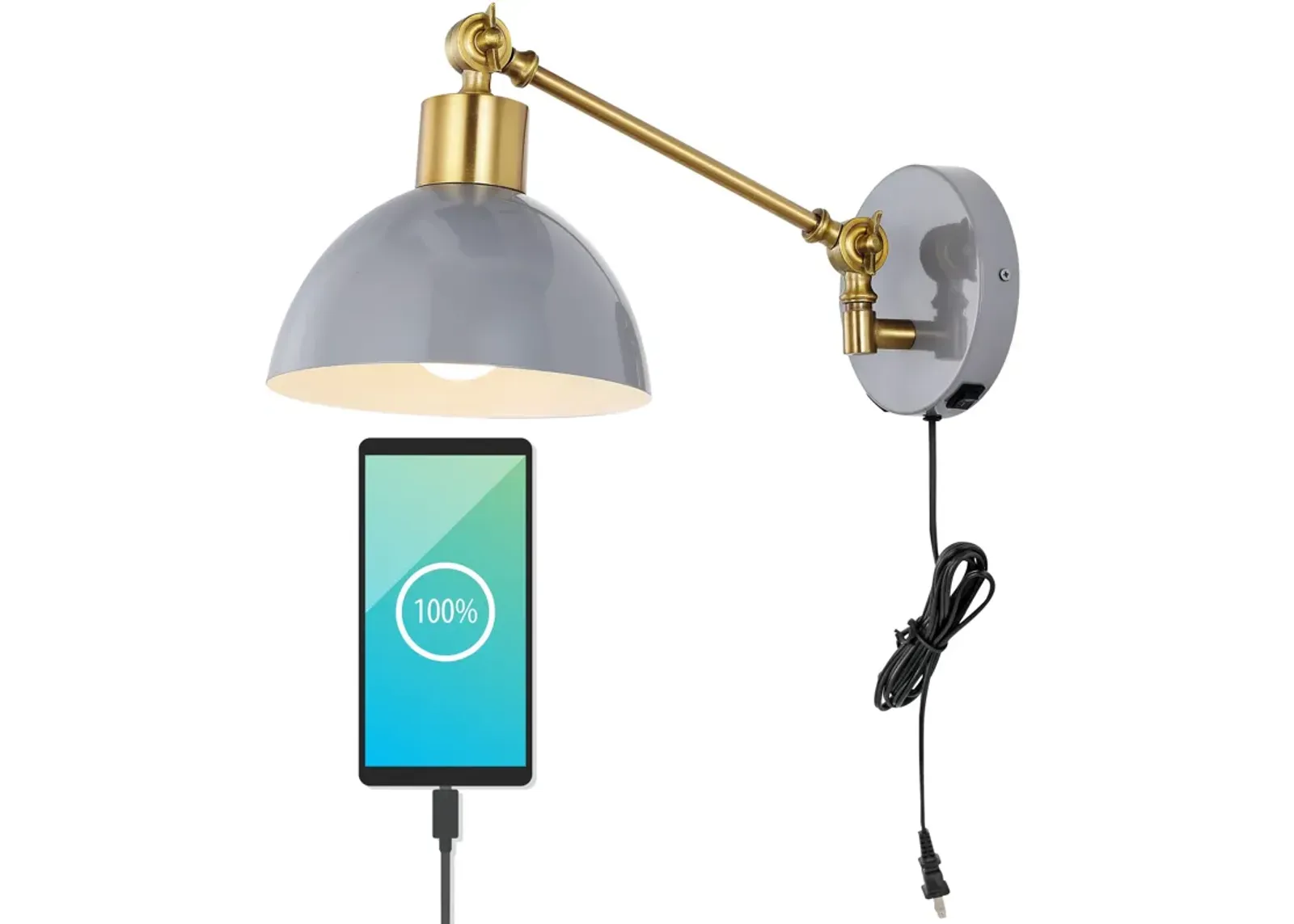 Lisa Swing Arm Modern Midcentury Iron USB Charging Port LED Sconce