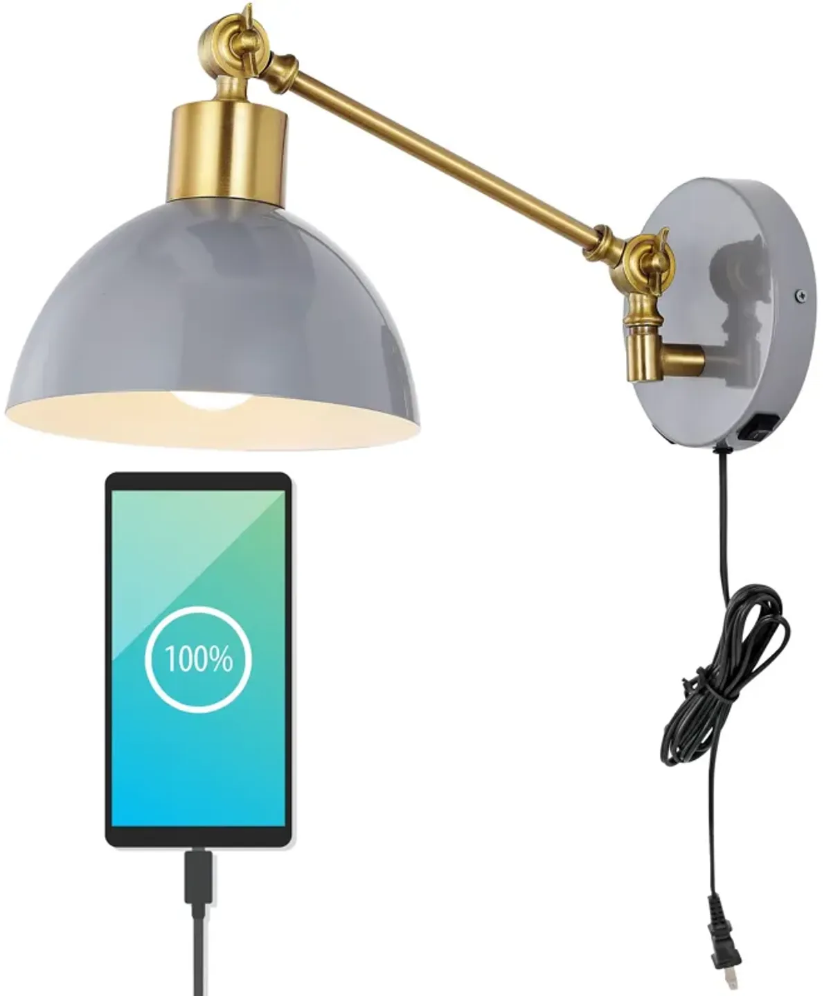 Lisa Swing Arm Modern Midcentury Iron USB Charging Port LED Sconce