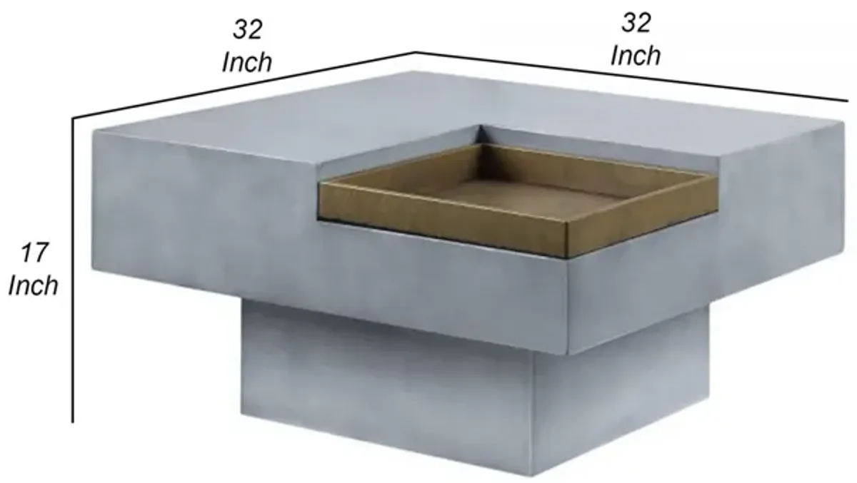 32 Inch Coffee Table with Removable Tray, Cement Construction, Smooth Gray - Benzara