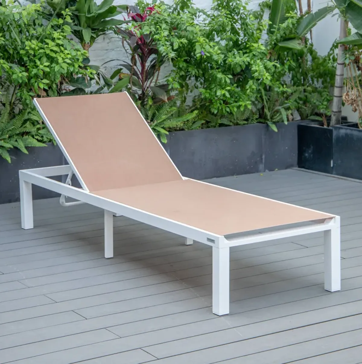 LeisureMod Marlin Patio Chaise Lounge Chair With White Aluminum Frame in Burgundy