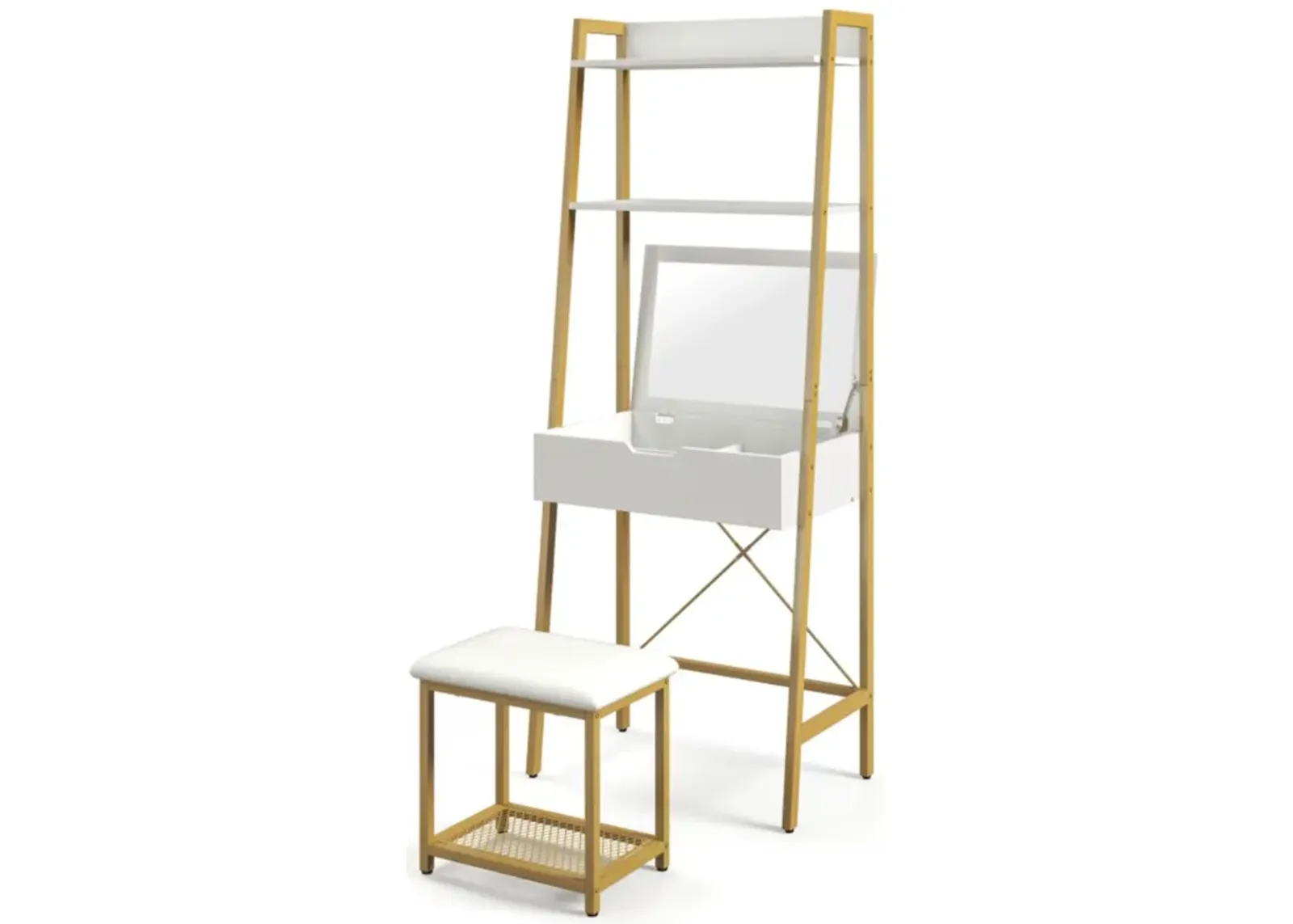 Hivvago Ladder Vanity Desk Set with Flip Top Mirror and Cushioned Stool