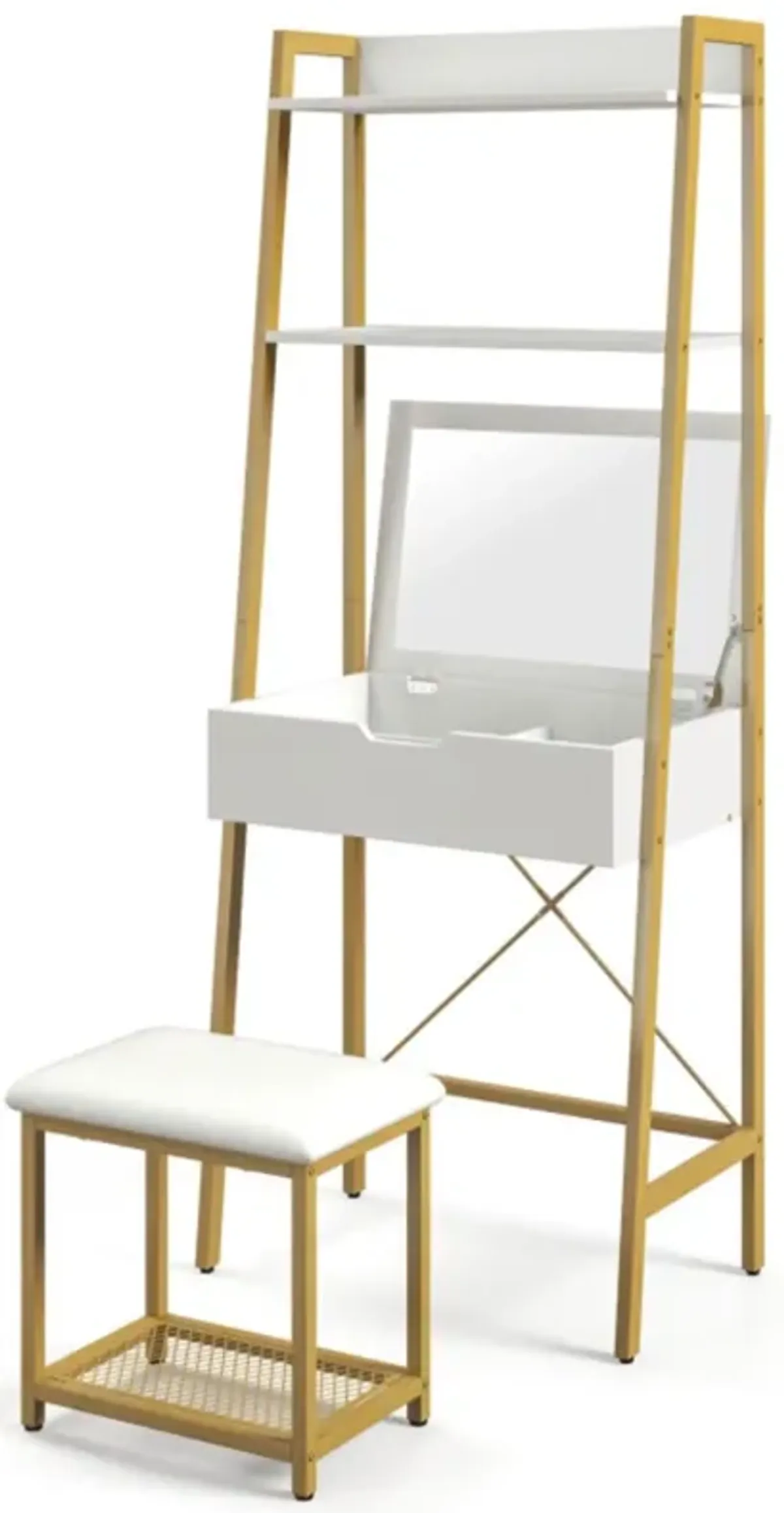 Hivvago Ladder Vanity Desk Set with Flip Top Mirror and Cushioned Stool