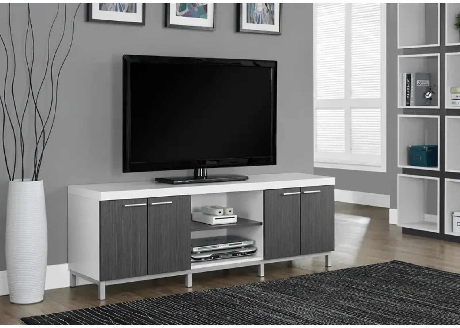 Monarch Specialties I 2591 Tv Stand, 60 Inch, Console, Media Entertainment Center, Storage Cabinet, Living Room, Bedroom, Laminate, White, Grey, Contemporary, Modern