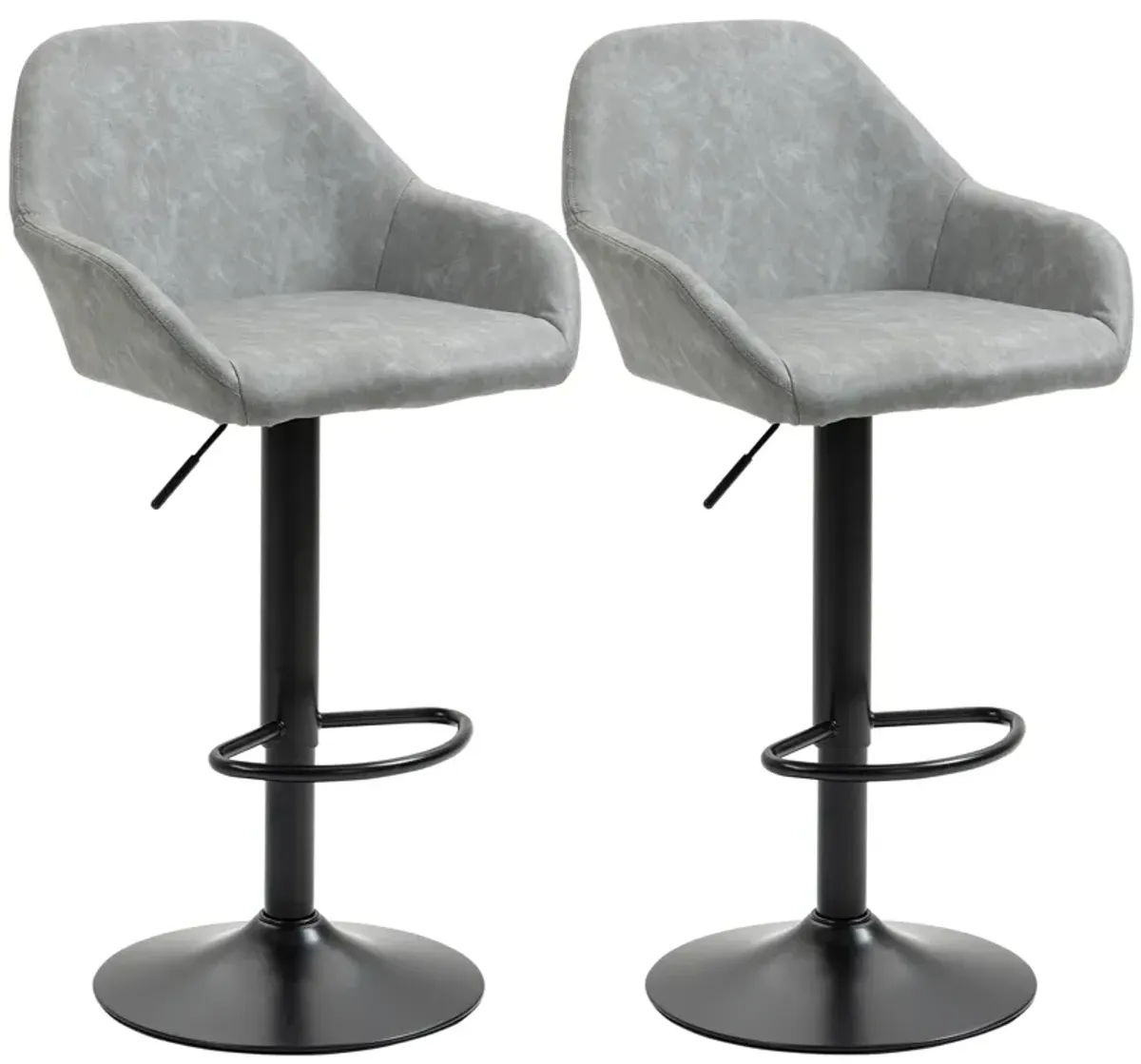 HOMCOM Adjustable Bar Stools, Swivel Counter Height Barstools with Footrest and Back, PU Leather and Steel Round Base, for Kitchen Counter and Dining Room, Set of 2, Grey