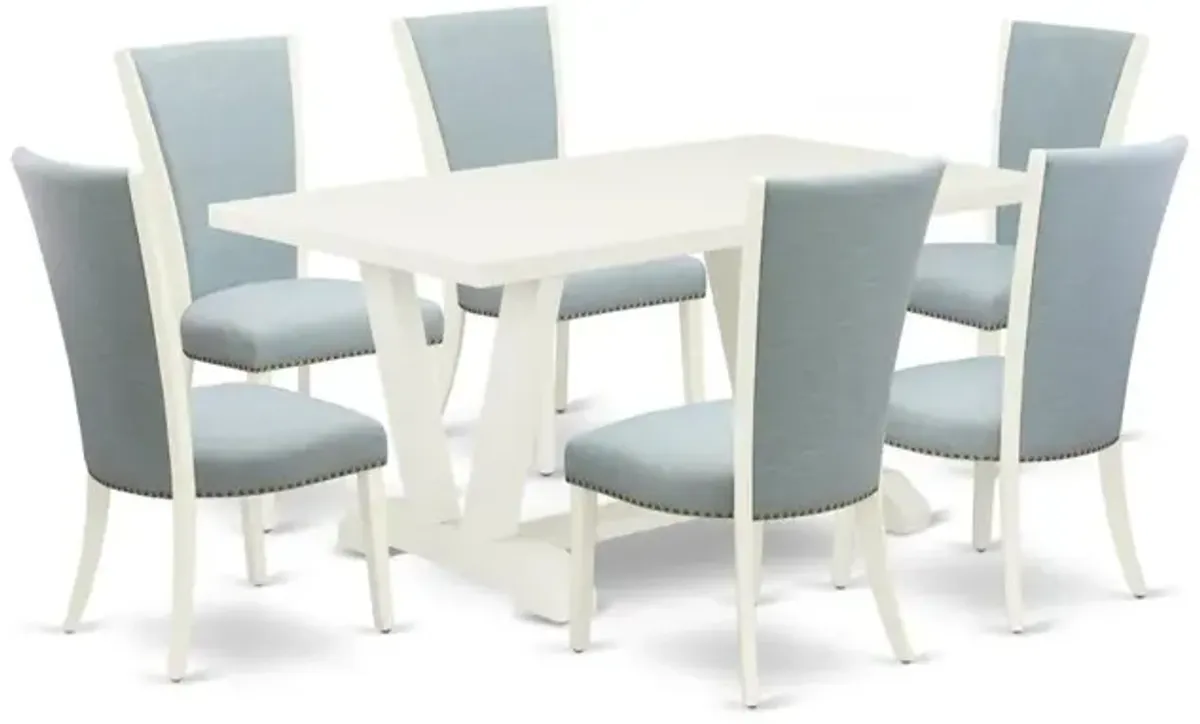 East West Furniture V026VE215-7 7 Piece Dining Room Table Set - 6 Baby Blue Linen Fabric Dinning Room Chairs with Nailheads and Linen White Dining Room Table - Linen White Finish