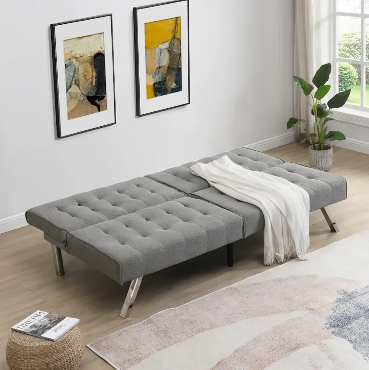 Wood Frame, Stainless Leg, Futon, Sofa Bed Grey