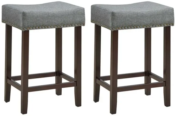 2 Pieces Nailhead Saddle Bar Stools with Fabric Seat and Wood Legs