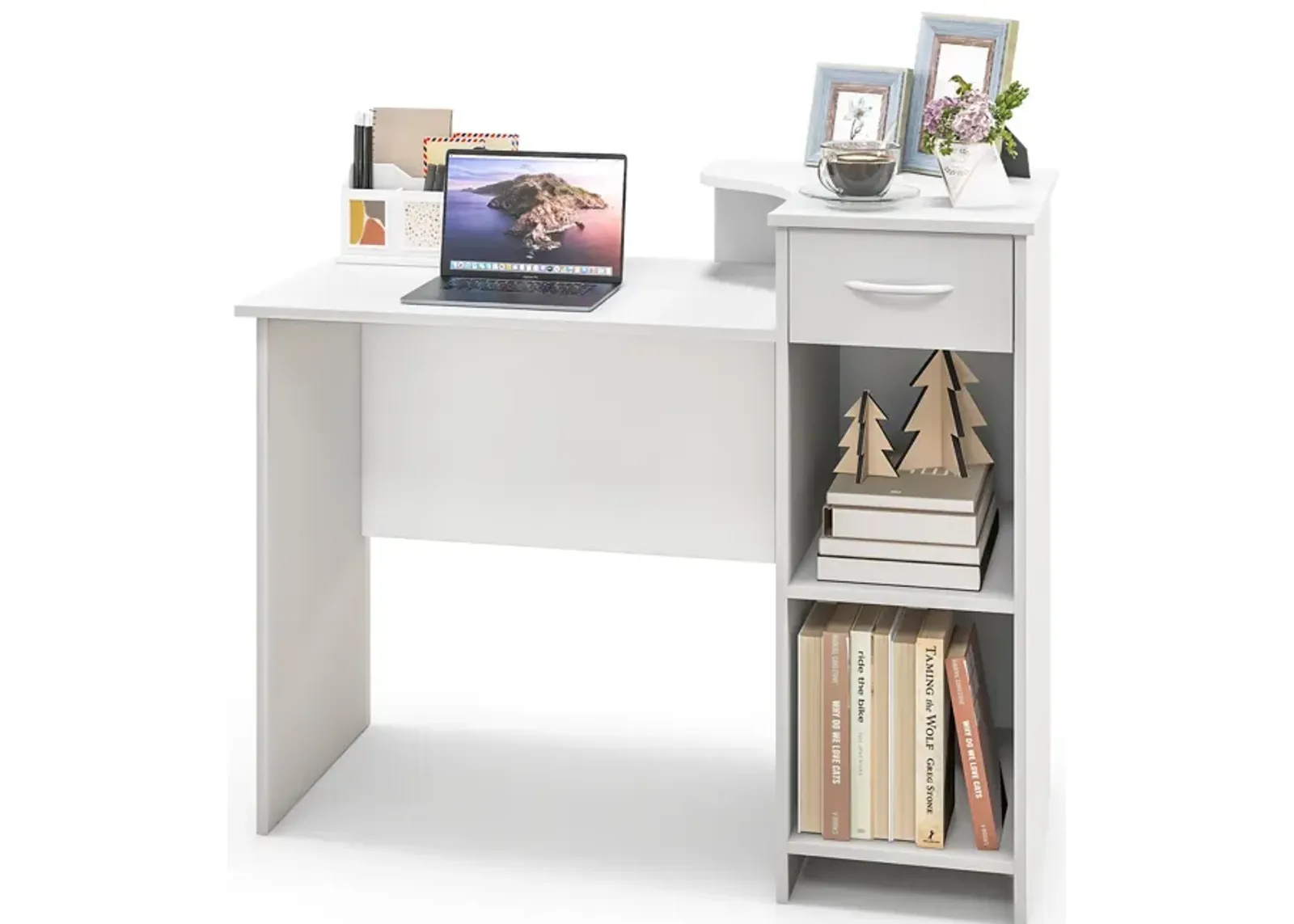 Computer Desk Modern Laptop PC Desk with Adjustable Shelf and Cable Hole-White