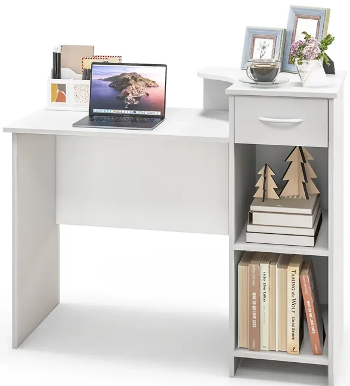 Computer Desk Modern Laptop PC Desk with Adjustable Shelf and Cable Hole-White