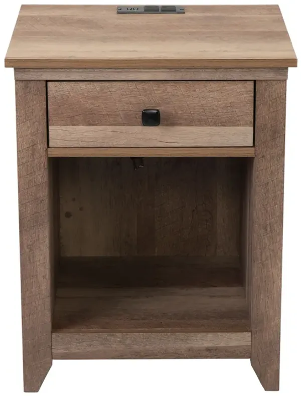 Farmhouse Nightstand, Bedside Table with Drawer and Shelf, Wood Storage Cabinet for Home Bedroom, USB Charging Station, Light Brown