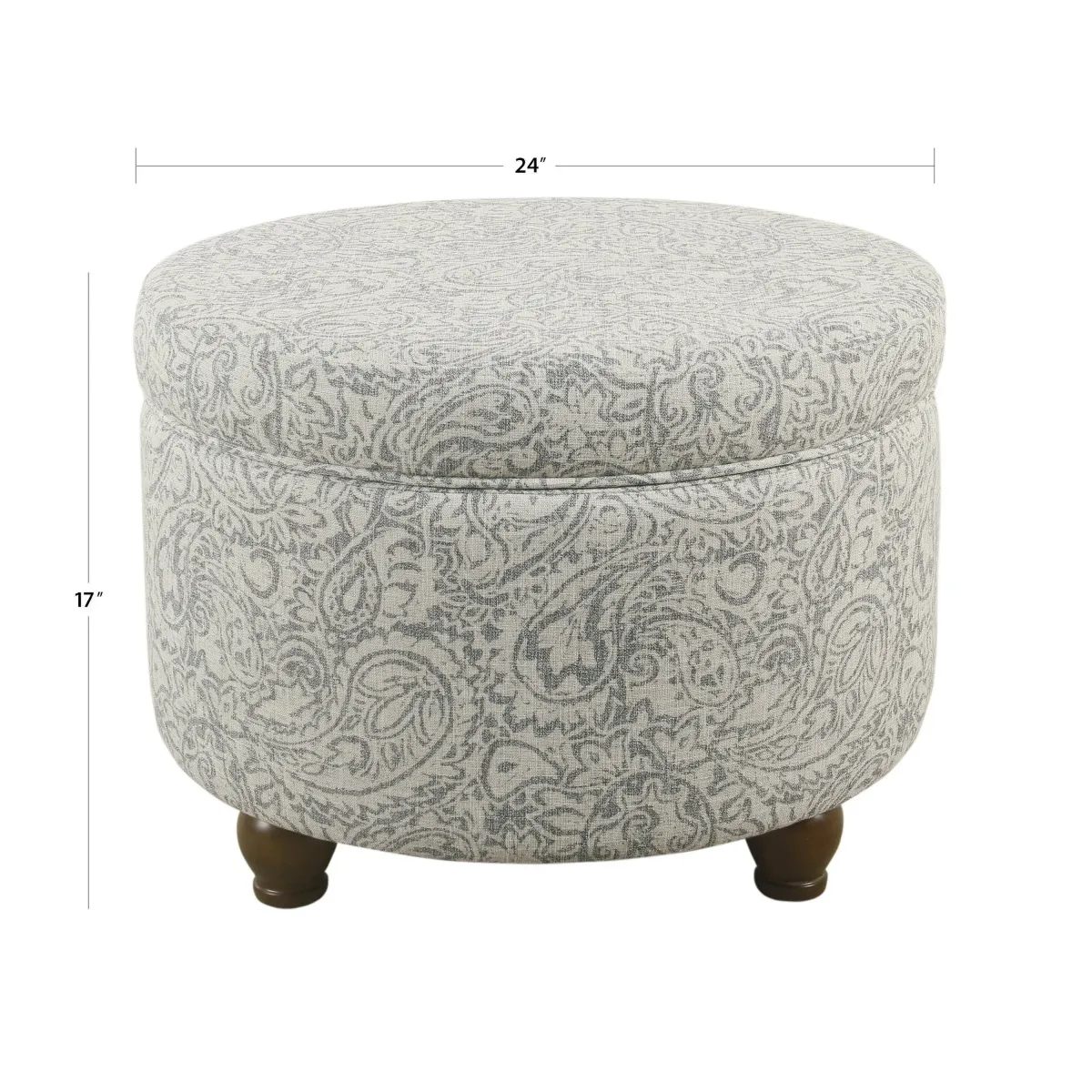 Paisley Floral Pattern Fabric Upholstered Wooden Ottoman with Hidden Storage, Gray and Cream - Benzara