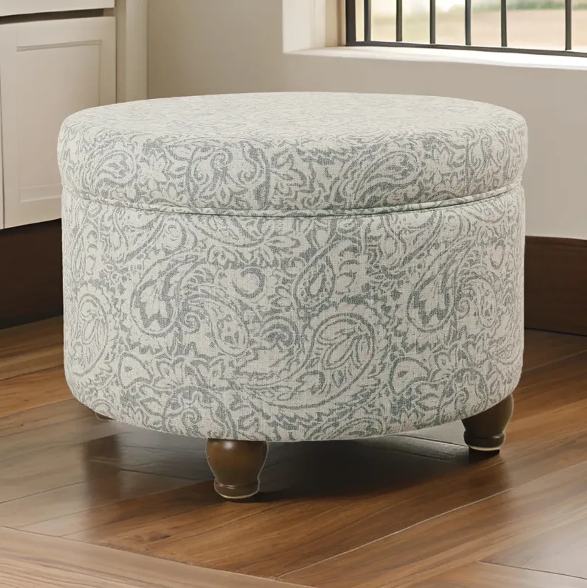 Paisley Floral Pattern Fabric Upholstered Wooden Ottoman with Hidden Storage, Gray and Cream - Benzara