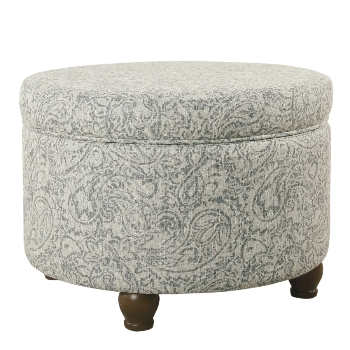 Paisley Floral Pattern Fabric Upholstered Wooden Ottoman with Hidden Storage, Gray and Cream - Benzara