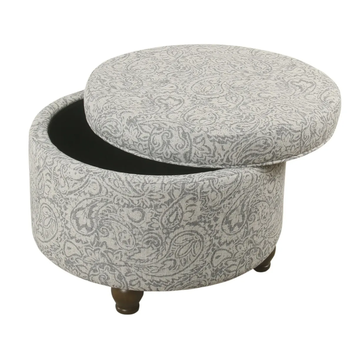 Paisley Floral Pattern Fabric Upholstered Wooden Ottoman with Hidden Storage, Gray and Cream - Benzara