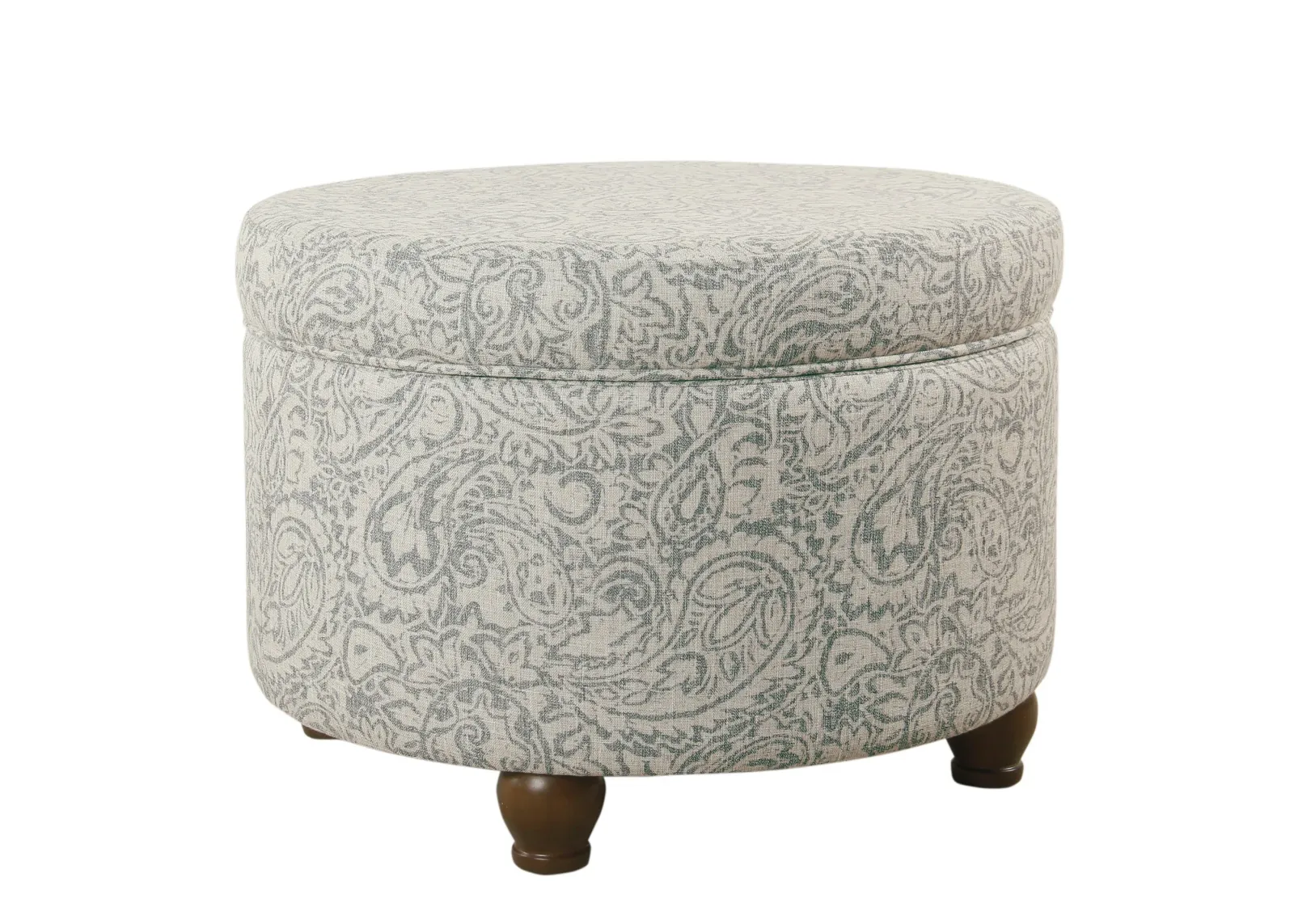 Paisley Floral Pattern Fabric Upholstered Wooden Ottoman with Hidden Storage, Gray and Cream - Benzara