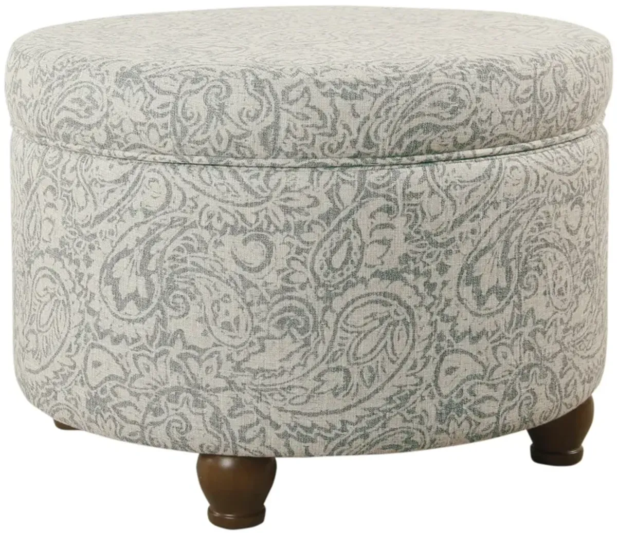 Paisley Floral Pattern Fabric Upholstered Wooden Ottoman with Hidden Storage, Gray and Cream - Benzara