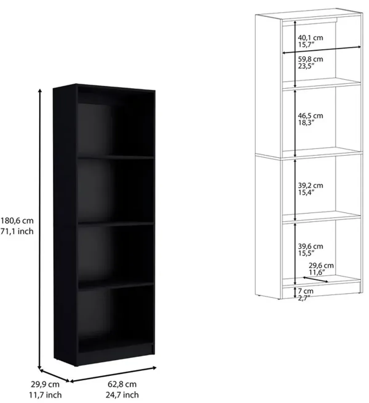 Vinton Bookcase with Spacious Tier-Shelving Design, Black