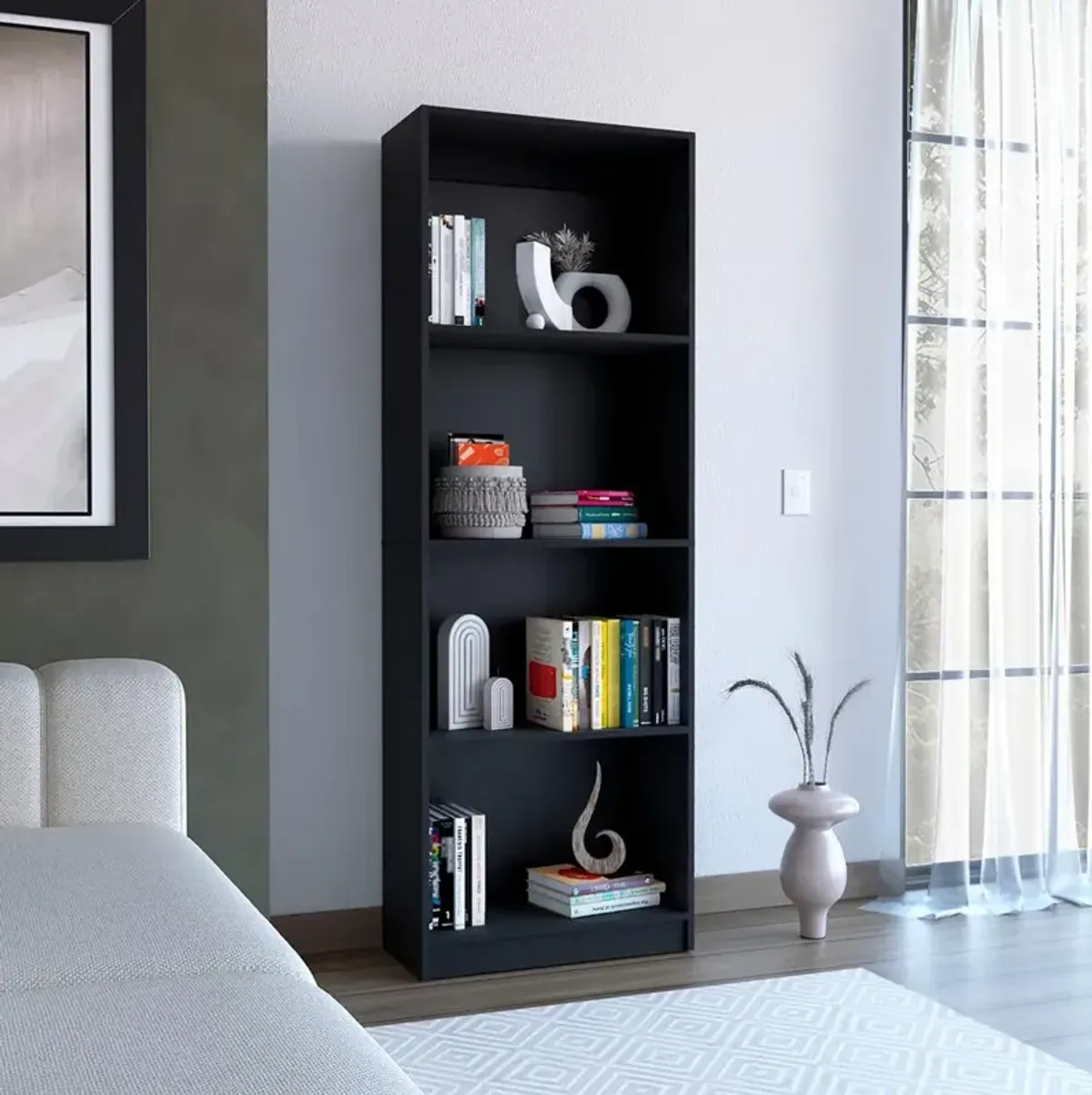 Vinton Bookcase with Spacious Tier-Shelving Design, Black