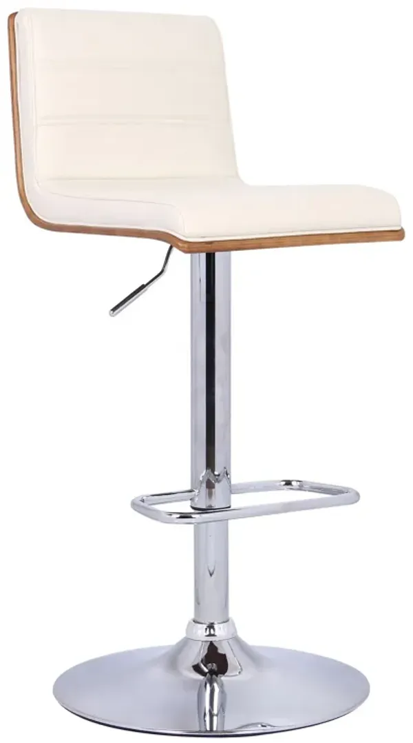 Wooden Support Faux Leather Barstool with Pedestal Base, Cream and Chrome - Benzara