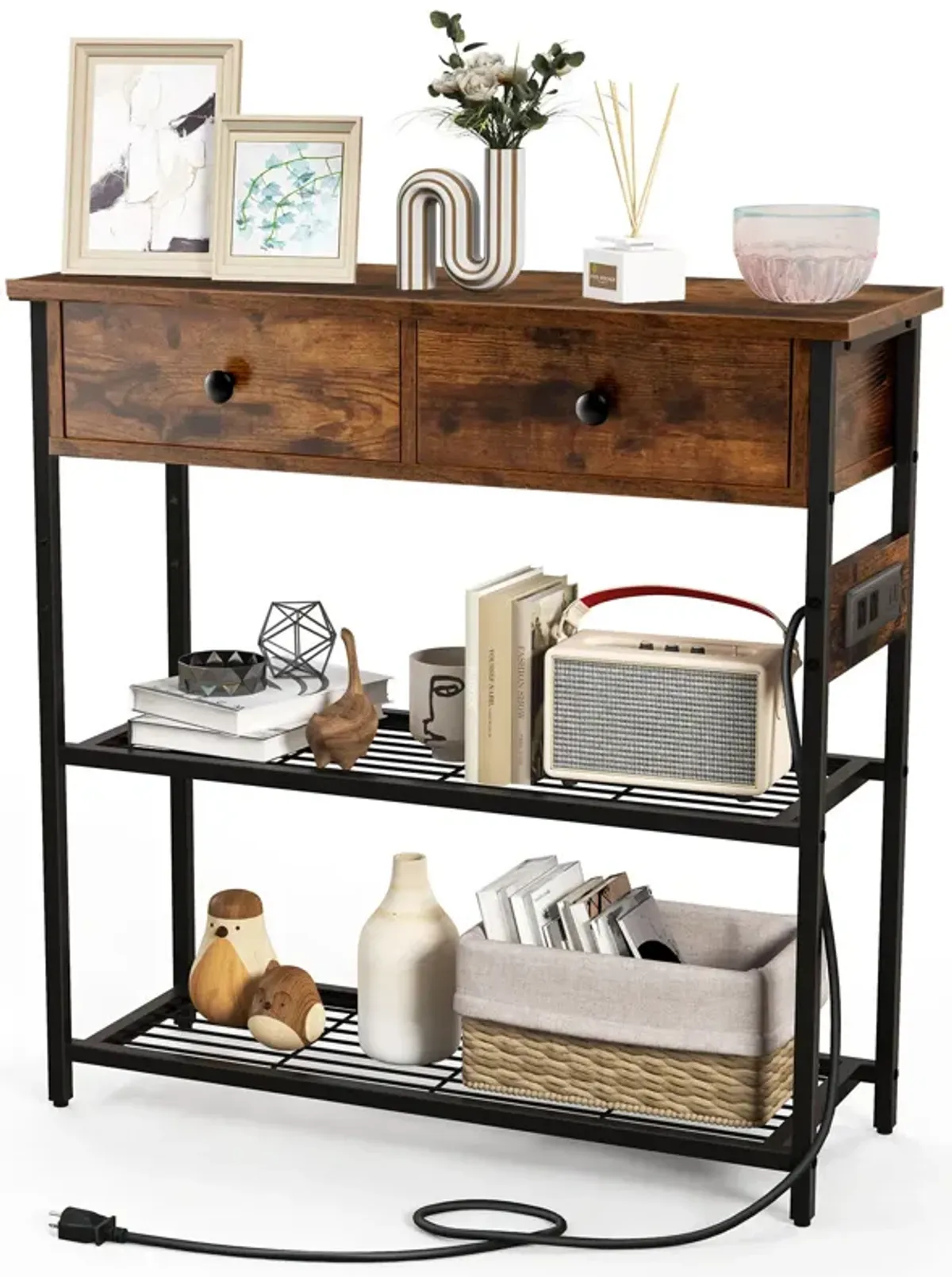 Narrow Console Table with 2 Drawers and 2 Metal Mesh Shelves