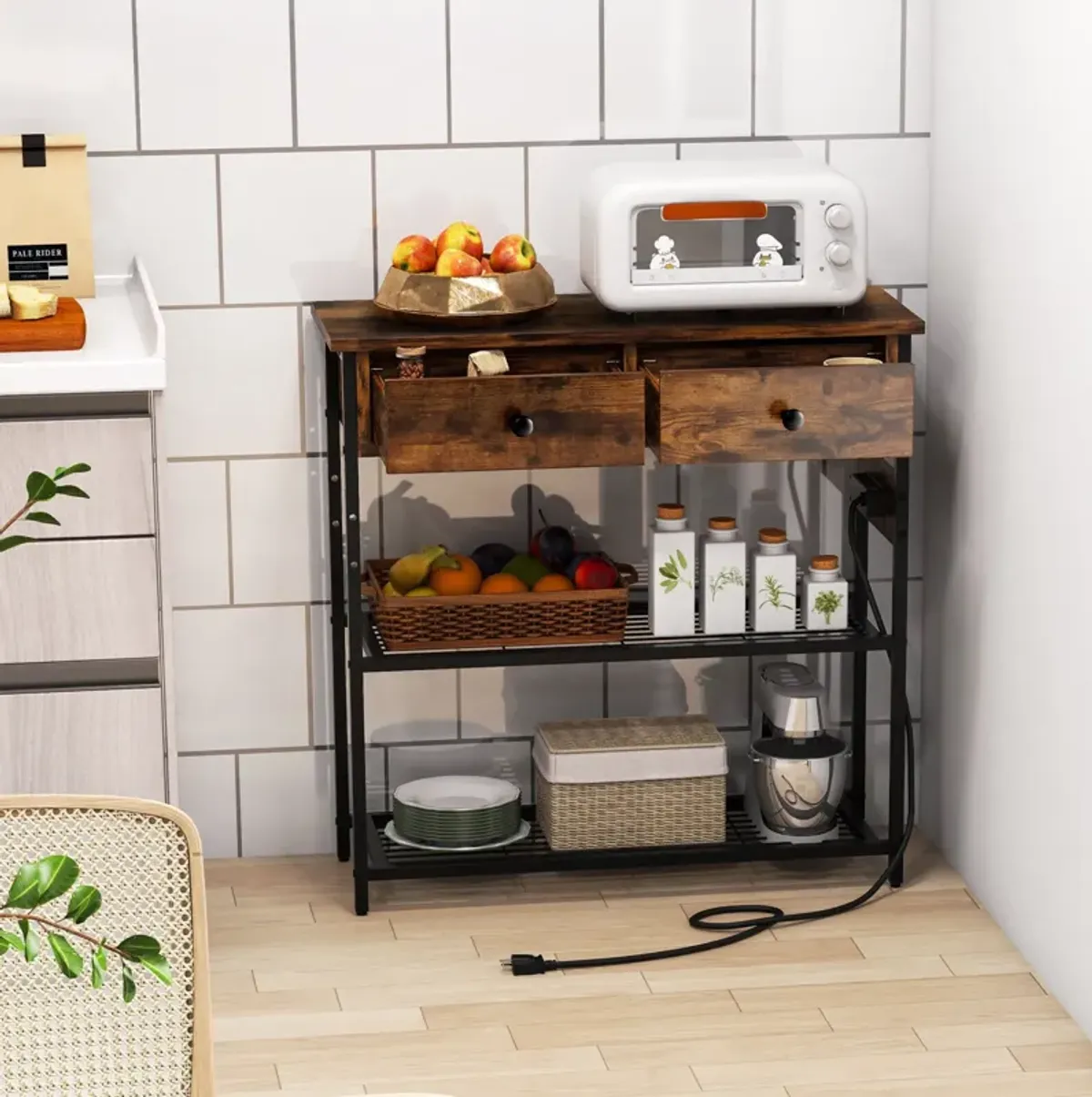 Narrow Console Table with 2 Drawers and 2 Metal Mesh Shelves