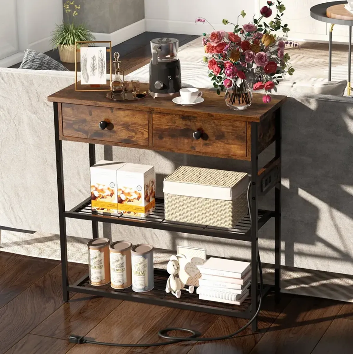 Narrow Console Table with 2 Drawers and 2 Metal Mesh Shelves