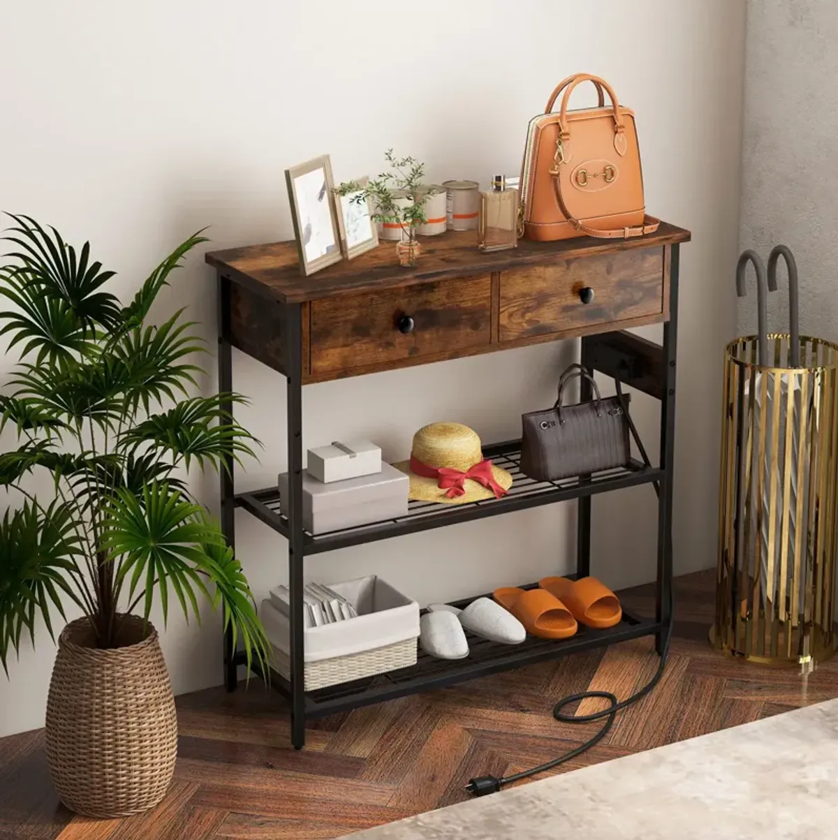 Narrow Console Table with 2 Drawers and 2 Metal Mesh Shelves