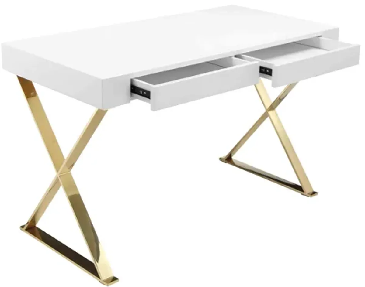 Rix 47 Inch Office Desk, 2 Drawers, Gold Metal Base, Rectangular, White - Benzara