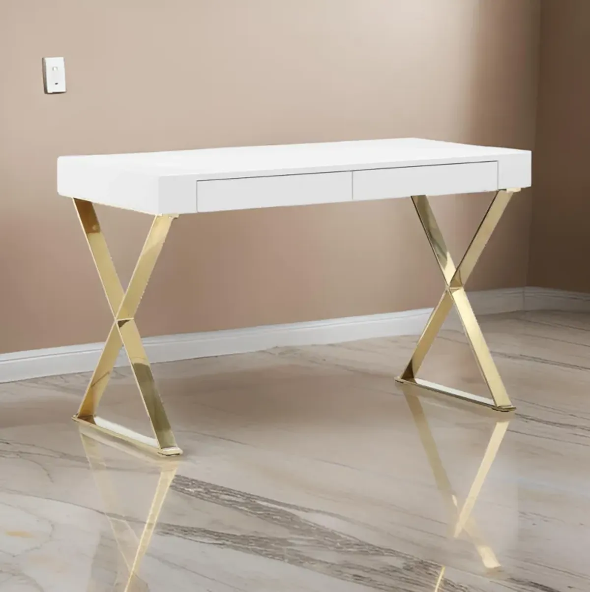 Rix 47 Inch Office Desk, 2 Drawers, Gold Metal Base, Rectangular, White - Benzara