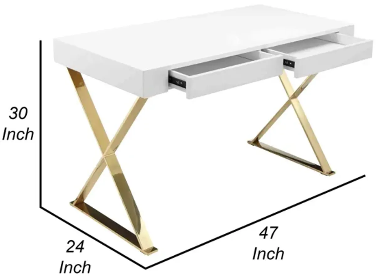 Rix 47 Inch Office Desk, 2 Drawers, Gold Metal Base, Rectangular, White - Benzara