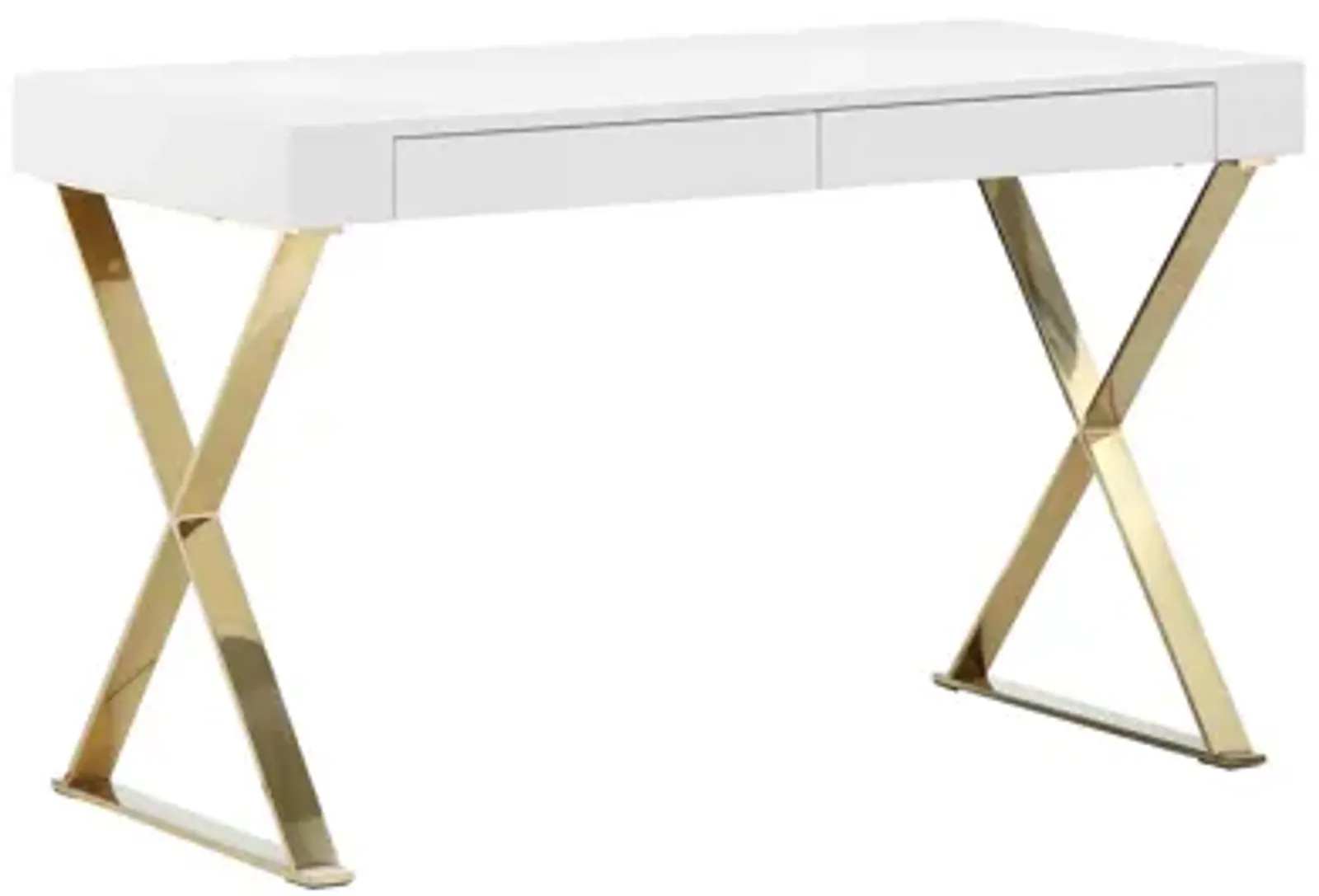 Rix 47 Inch Office Desk, 2 Drawers, Gold Metal Base, Rectangular, White - Benzara