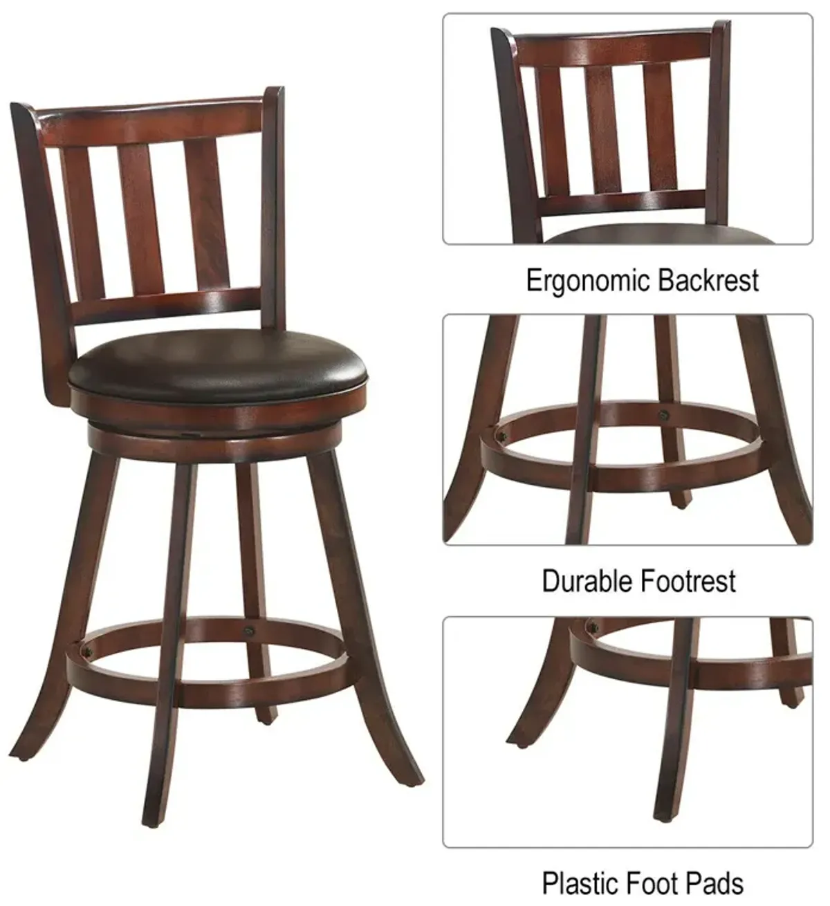 2 Pieces 360 Degree Swivel Wooden Counter Height Bar Stool Set with Cushioned Seat