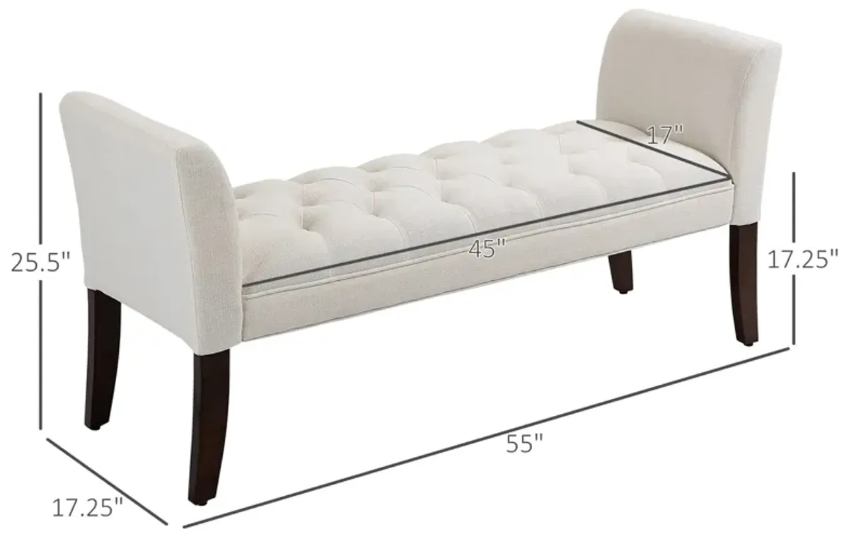 Cream White Bed Seating: Tufted Bench with Arms & Solid Wood Legs