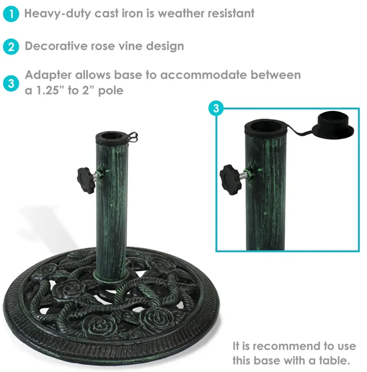 Sunnydaze 16 in Rose Blossom Cast Iron Round Patio Umbrella Base