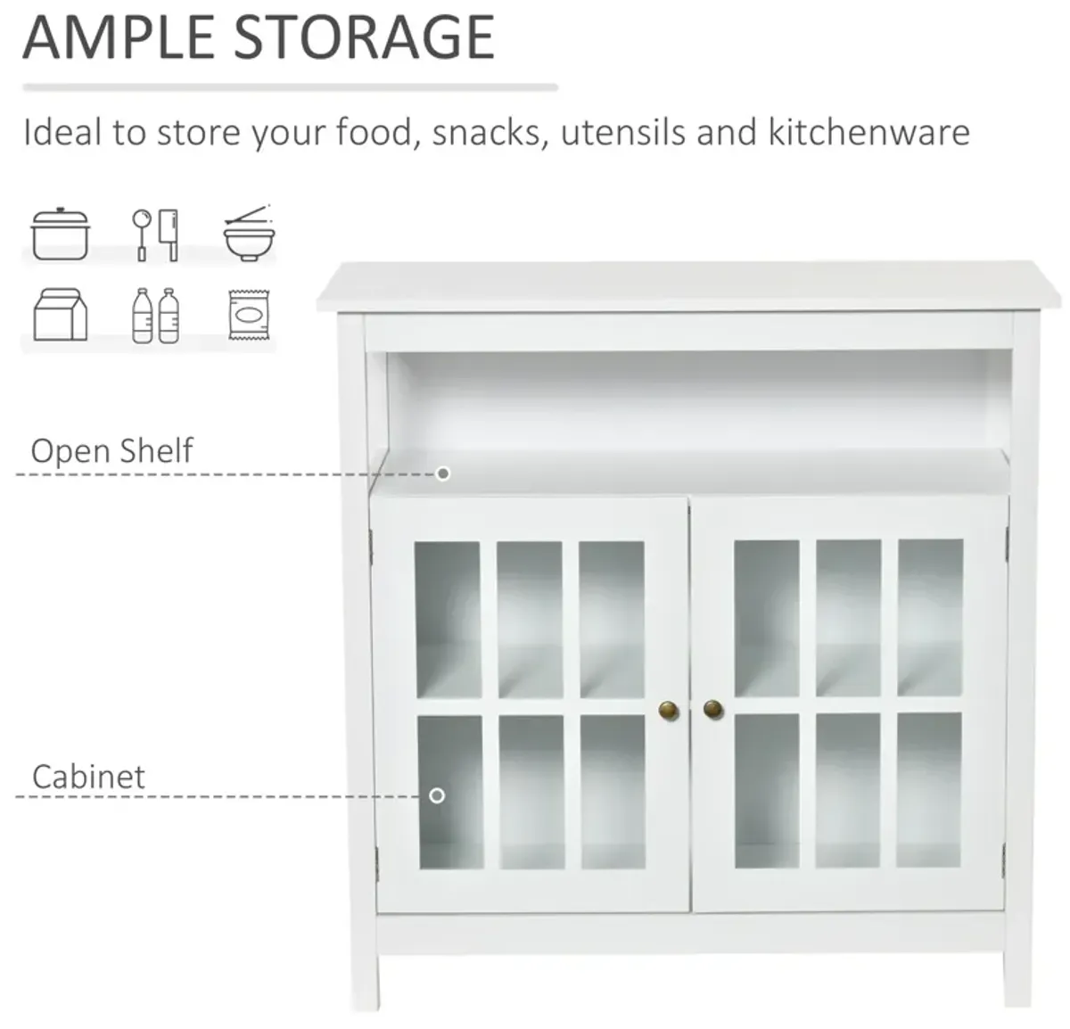 White Living Room Storage: Buffet Sideboard with Glass Door and Open Shelf