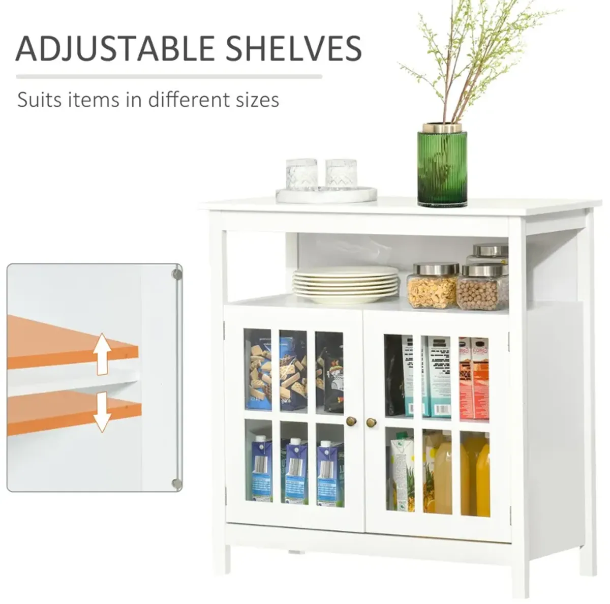 White Living Room Storage: Buffet Sideboard with Glass Door and Open Shelf