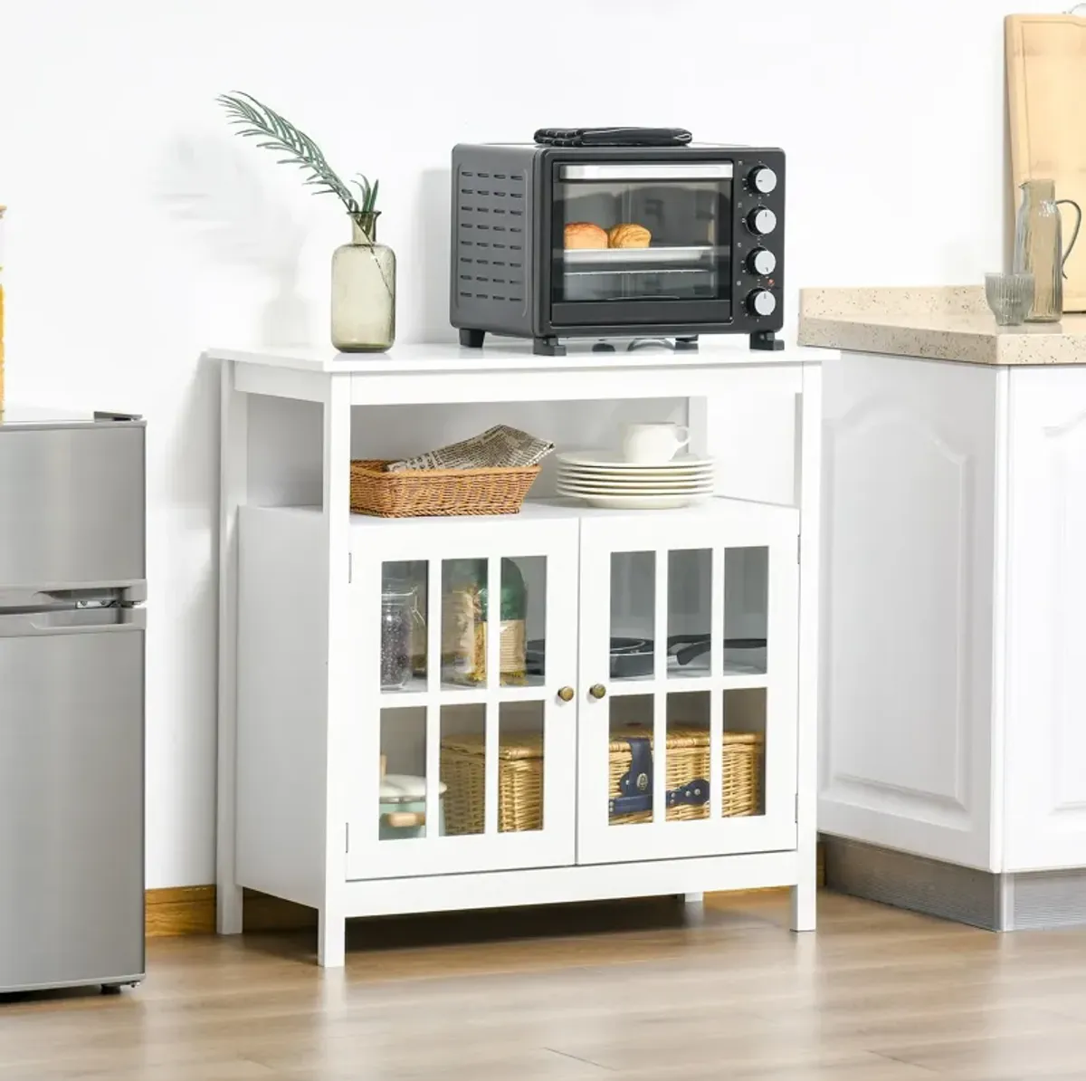 White Living Room Storage: Buffet Sideboard with Glass Door and Open Shelf